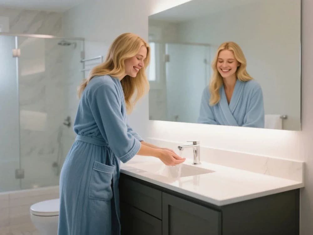 A woman in a blue bathrobe smiles while washing her hands at a sink in a modern bathroom