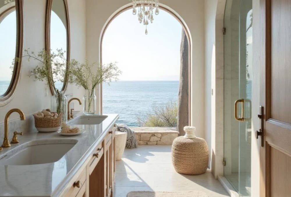 A coastal bathroom with a double vanity, oval mirrors, and a large arched window offering an ocean view