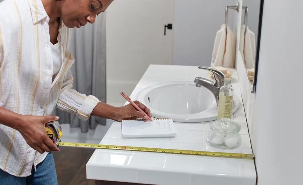 Person measuring a bathroom countertop with a tape measure