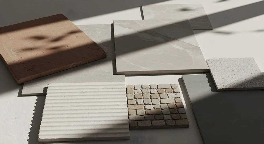 Assorted tile samples arranged on a light surface with shadows