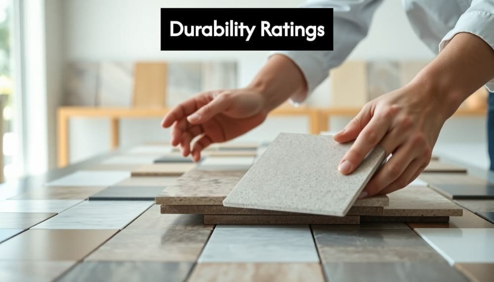 Hands sorting ceramic and porcelain tiles on display table with durability ratings text