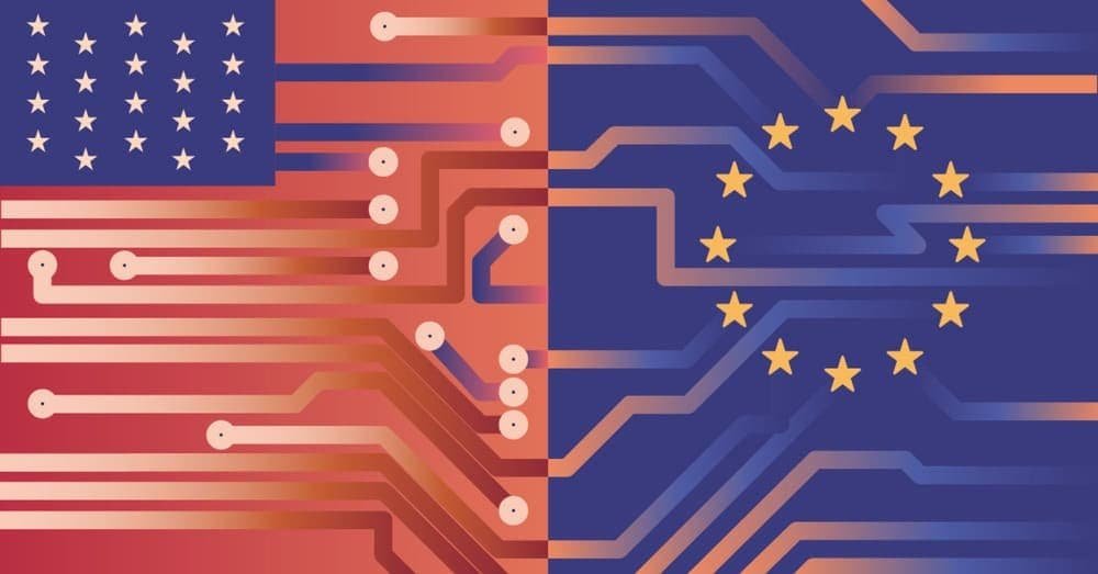 U.S. and EU flags with circuit lines symbolizing compliance
