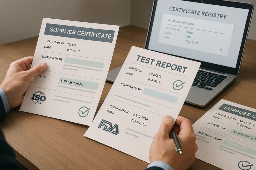 Man verifying supplier certificate and ISO FDA test report on laptop certificate registry page