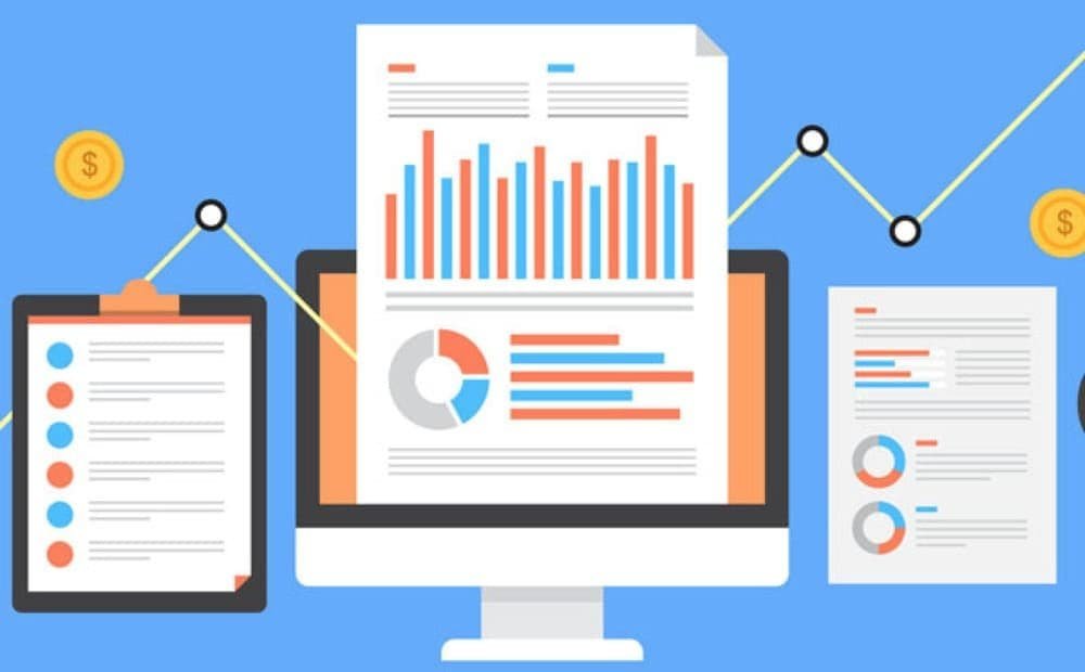 Data analysis dashboard with charts graphs and financial icons