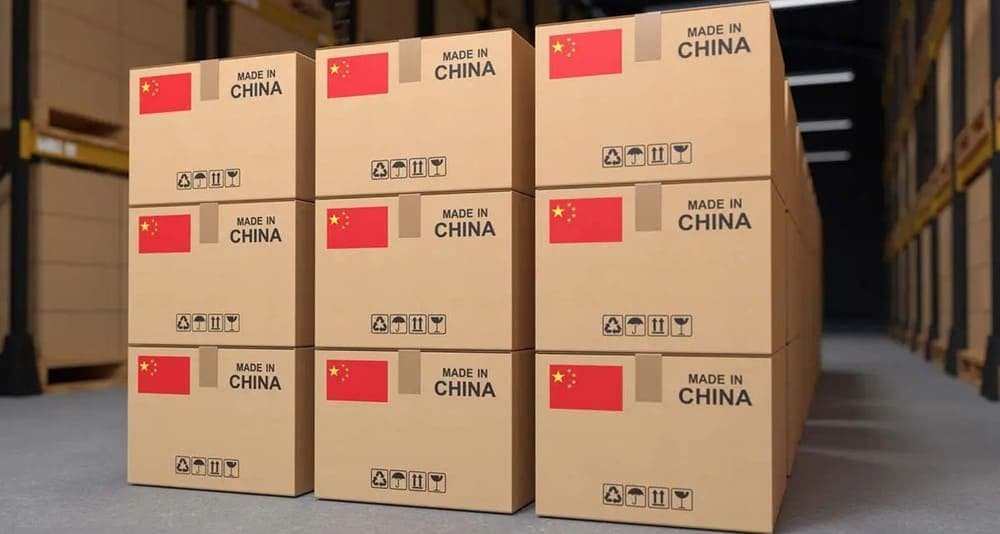 Made in China labeled boxes in warehouse