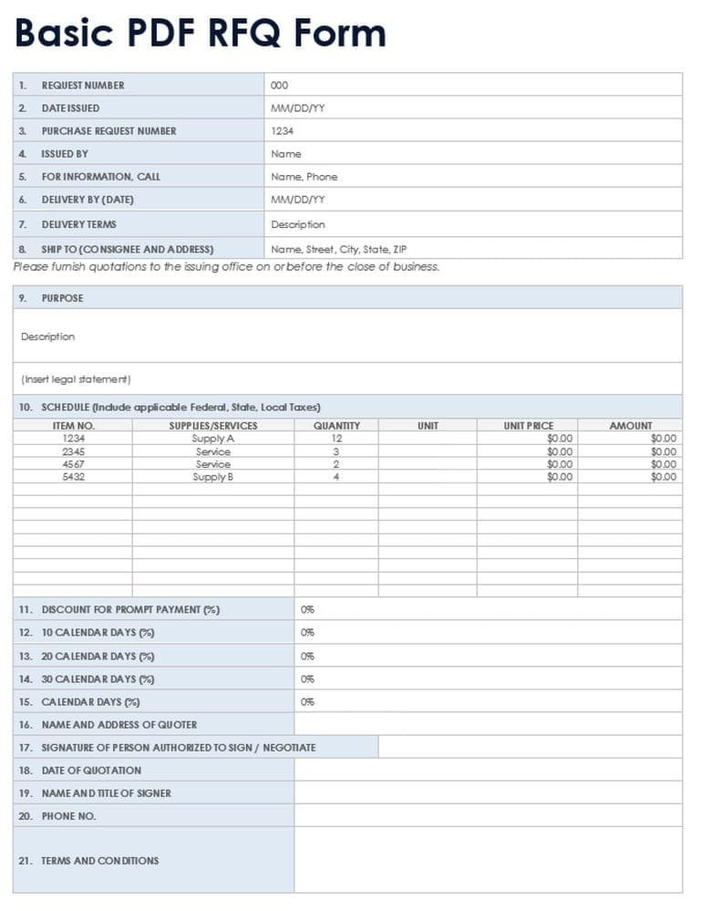 RFQ request for quotation form template screenshot