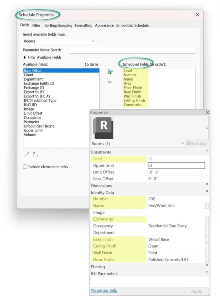 Revit schedule properties window showing room finish fields list