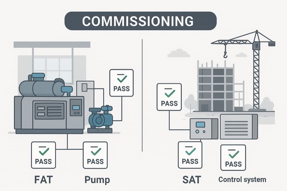 Factory acceptance testing and site commissioning checklist illustration