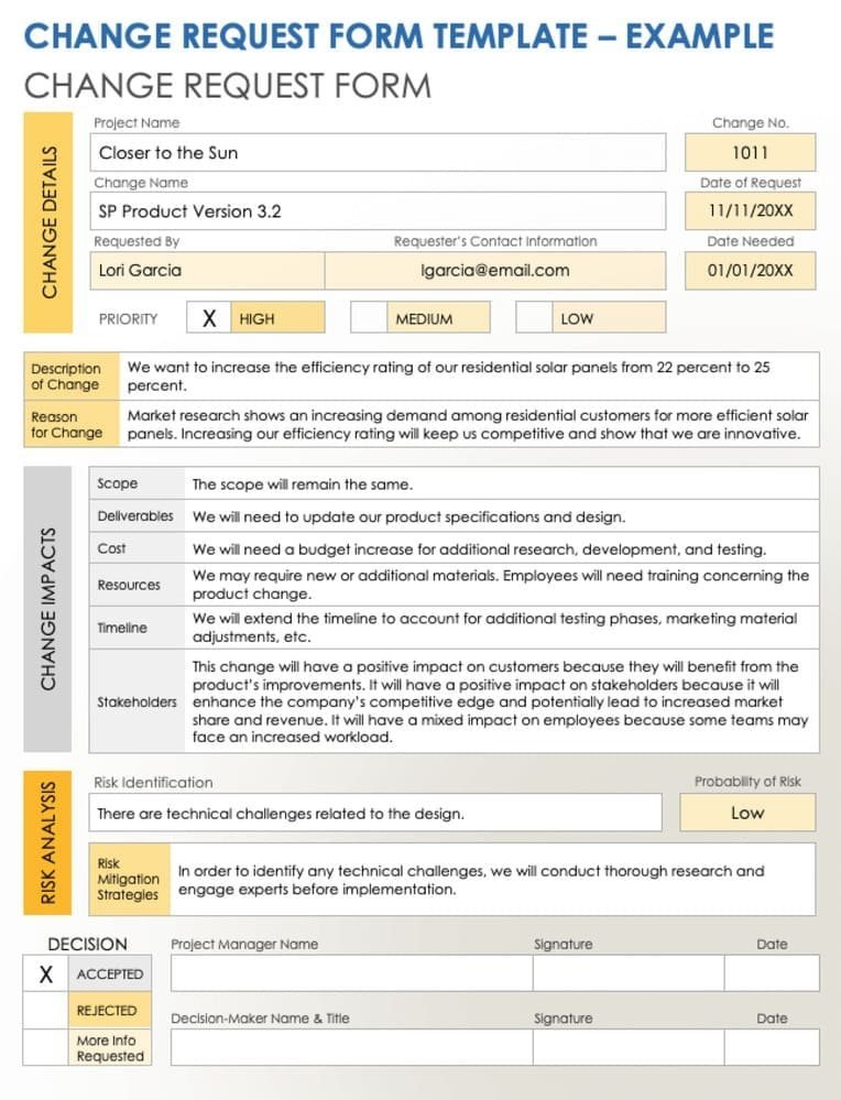 Engineering change request form example screenshot
