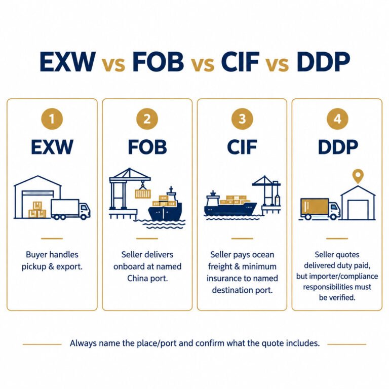EXW FOB CIF DDP Incoterms comparison for importing from China