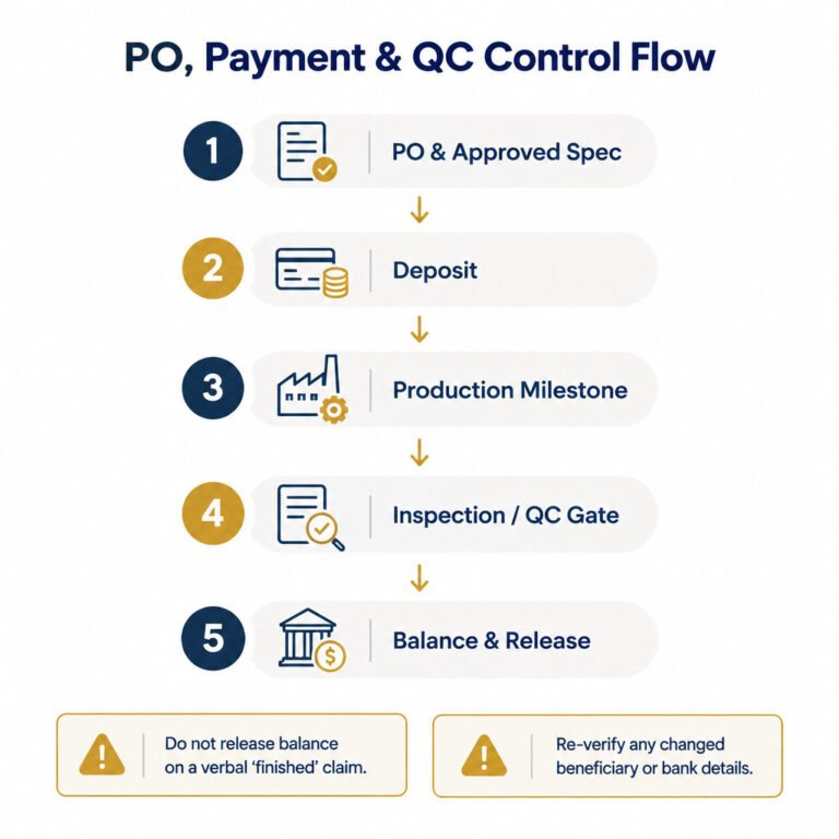 Purchase order payment and quality control flow for China sourcing