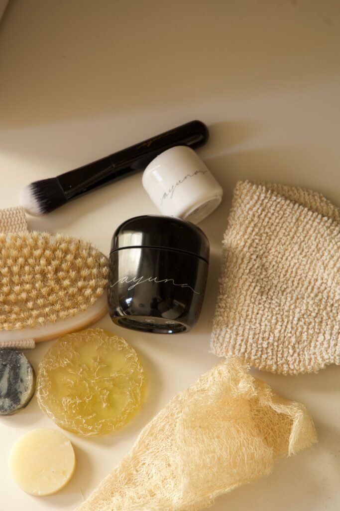 Beauty and personal care products on a neutral background