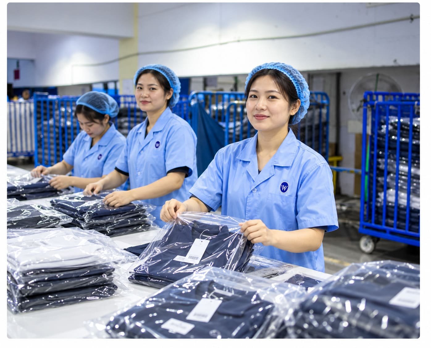garment packing line in a bright factory