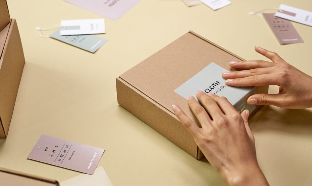 Hands packing a product box with tags for private-label packaging approval