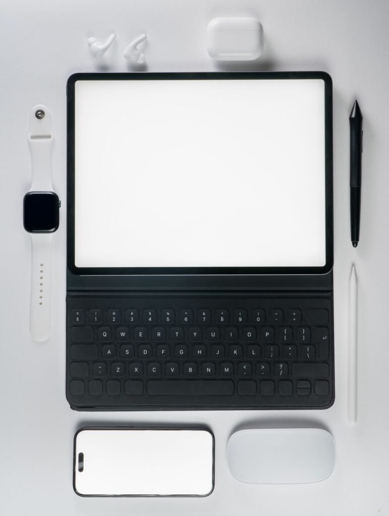 Modern electronics and accessories on a white background